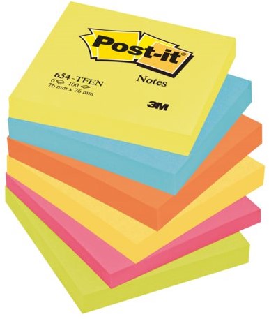MEMOBLOK 3M POST-IT 654TFEN 76X76MM ASS 6 STUK