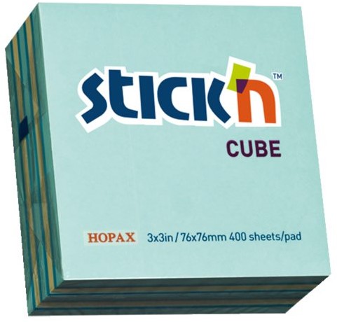 MEMOKUBUS STICK'N 76X76MM NEON/PASTEL BLAUW 400 VEL